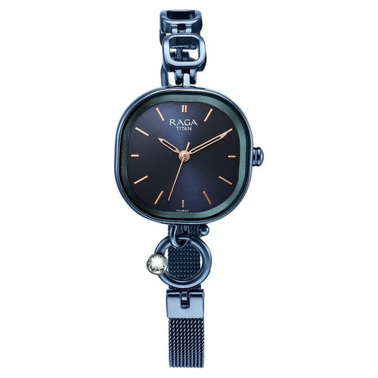 Titan Raga Blue Rectangular Dial Metal Strap Analog Watch for Women