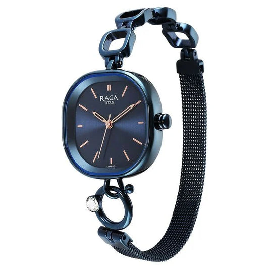 Titan Raga Blue Rectangular Dial Metal Strap Analog Watch for Women