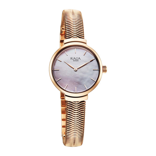 Titan Raga Mother of Pearl Dial Rose Gold Metal Strap Analog Watch for Women