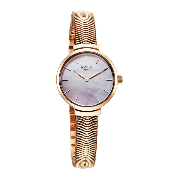 Titan Raga Mother of Pearl Dial Rose Gold Metal Strap Analog Watch for Women