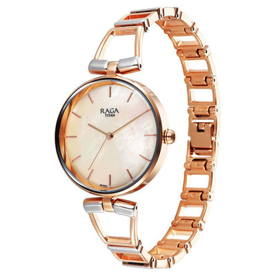 Titan Raga Mother Of Pearl Dial Two Toned Metal Strap Analog Watch for Women