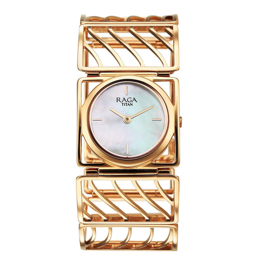 Titan Raga White Mother of Pearl Special Dial Rose Gold Metal Analog Watch for Women