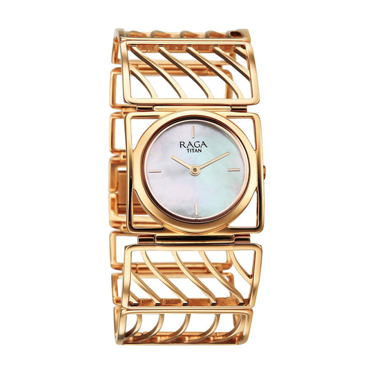 Titan Raga White Mother of Pearl Special Dial Rose Gold Metal Analog Watch for Women