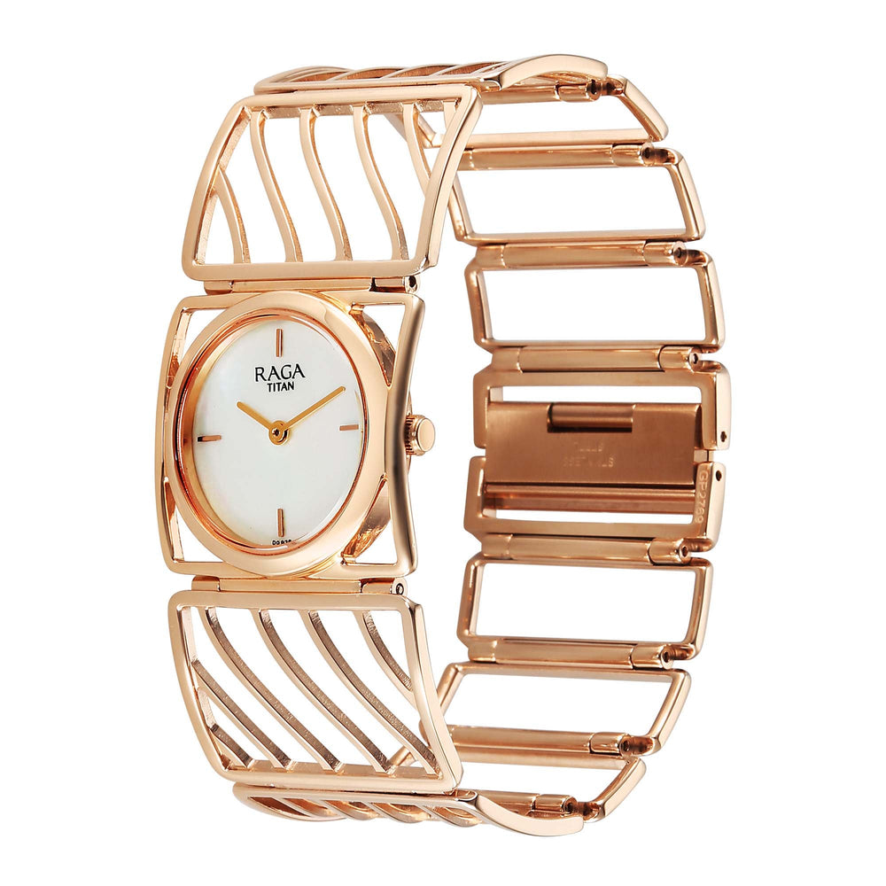 Titan Raga White Mother of Pearl Special Dial Rose Gold Metal Analog Watch for Women