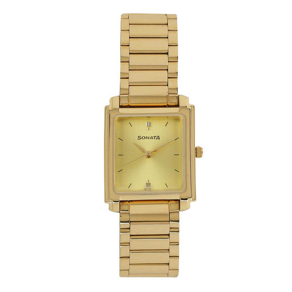 Sonata Quartz Analog Champagne Dial Metal Strap Watch for Men