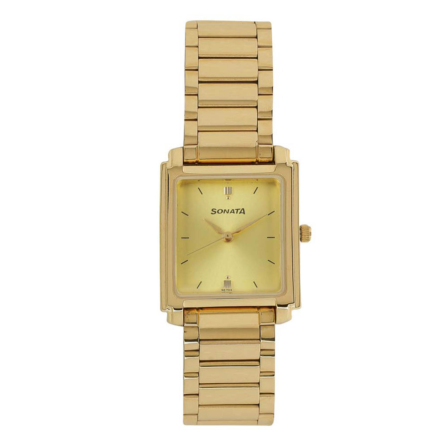 Sonata Quartz Analog Champagne Dial Metal Strap Watch for Men