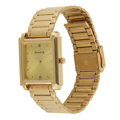 Sonata Quartz Analog Champagne Dial Metal Strap Watch for Men
