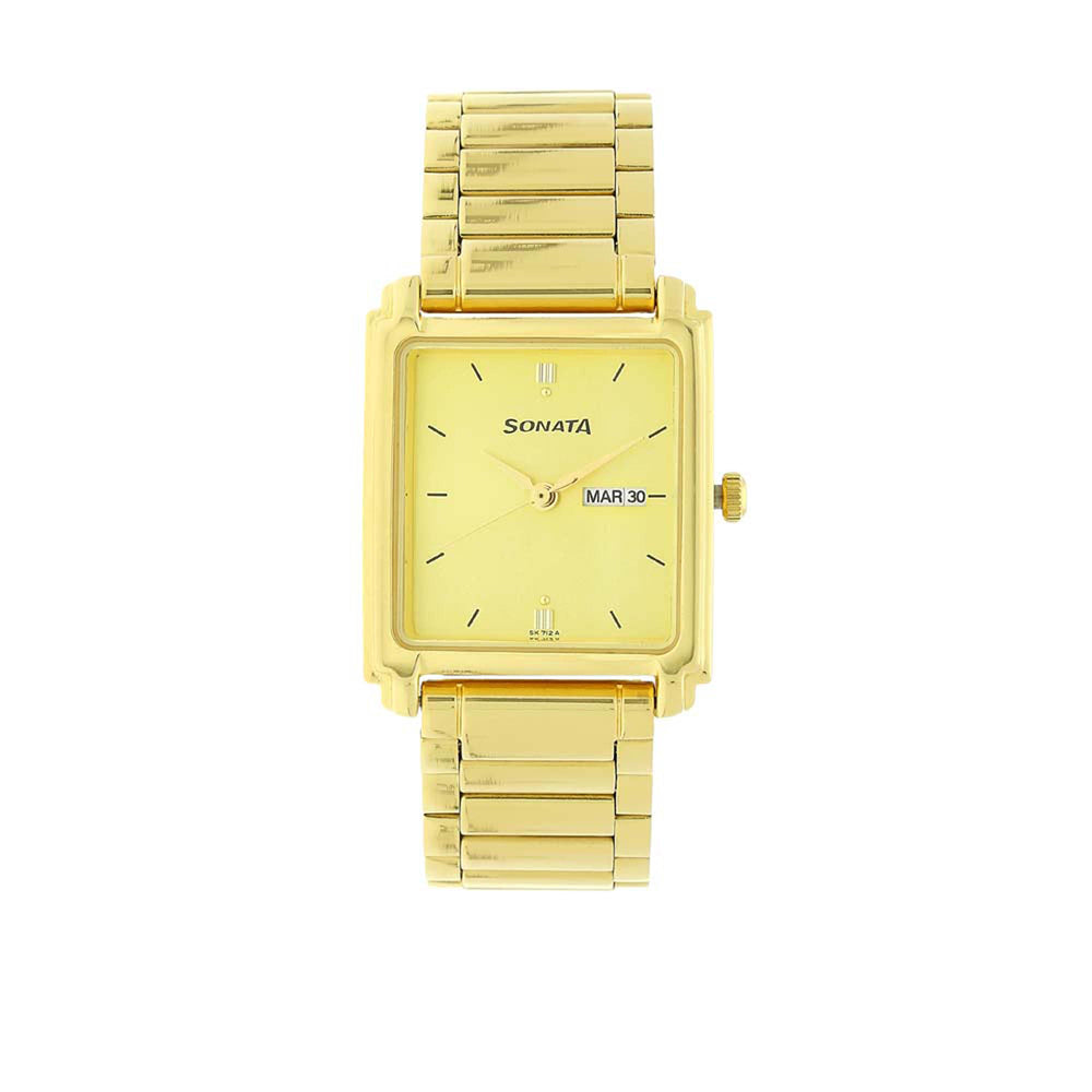 Sonata Quartz Analog with Day and Date Champagne Dial Metal Strap Watch for Men