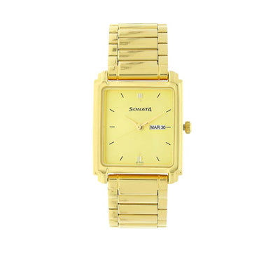 Sonata Quartz Analog with Day and Date Champagne Dial Metal Strap Watch for Men