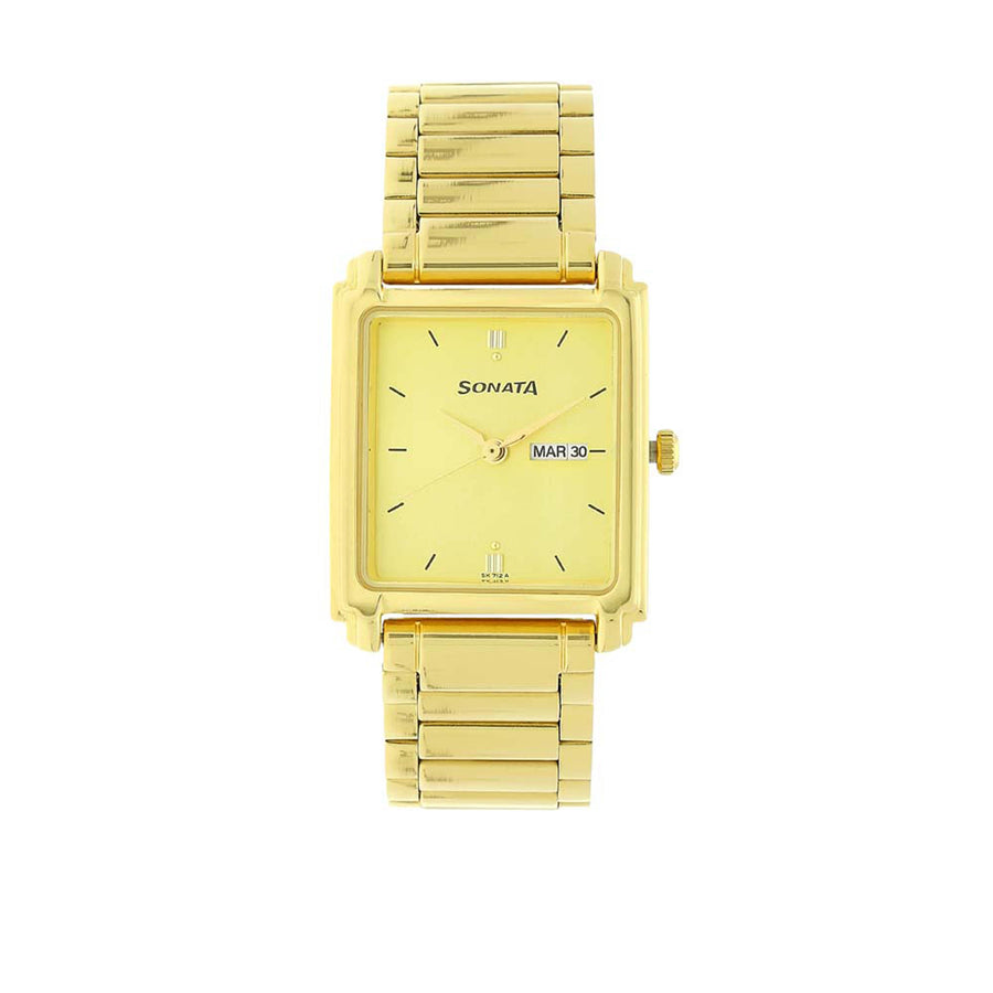 Sonata Quartz Analog with Day and Date Champagne Dial Metal Strap Watch for Men