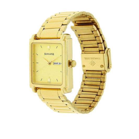 Sonata Quartz Analog with Day and Date Champagne Dial Metal Strap Watch for Men