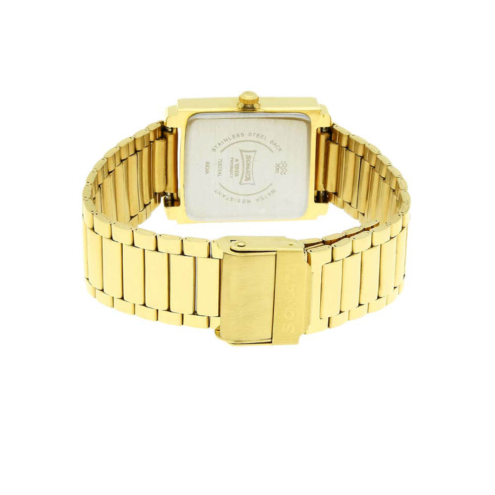 Sonata Quartz Analog with Day and Date Champagne Dial Metal Strap Watch for Men