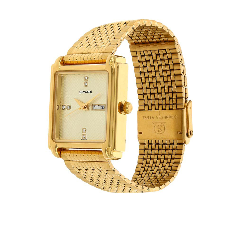 Sonata Quartz Analog with Day and Date Champagne Dial Stainless Steel Strap Watch for Men