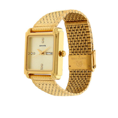 Sonata Quartz Analog with Day and Date Champagne Dial Stainless Steel Strap Watch for Men