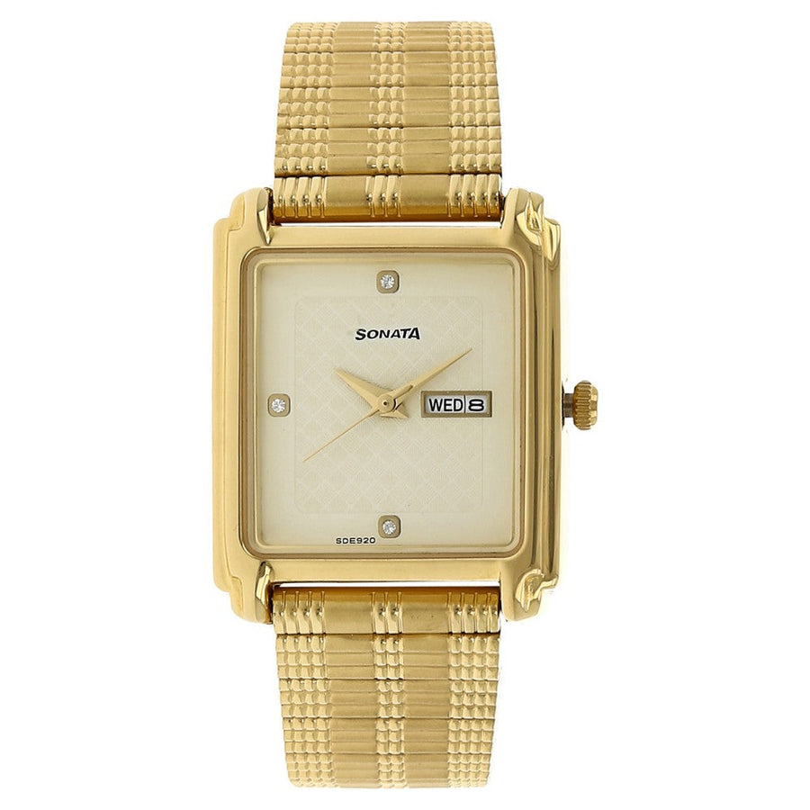 Sonata Quartz Analog with Day and Date Champagne Dial Stainless Steel Strap Watch for Men