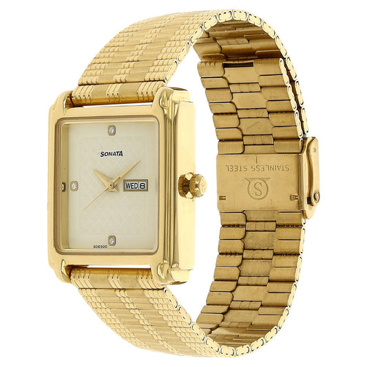 Sonata Quartz Analog with Day and Date Champagne Dial Stainless Steel Strap Watch for Men