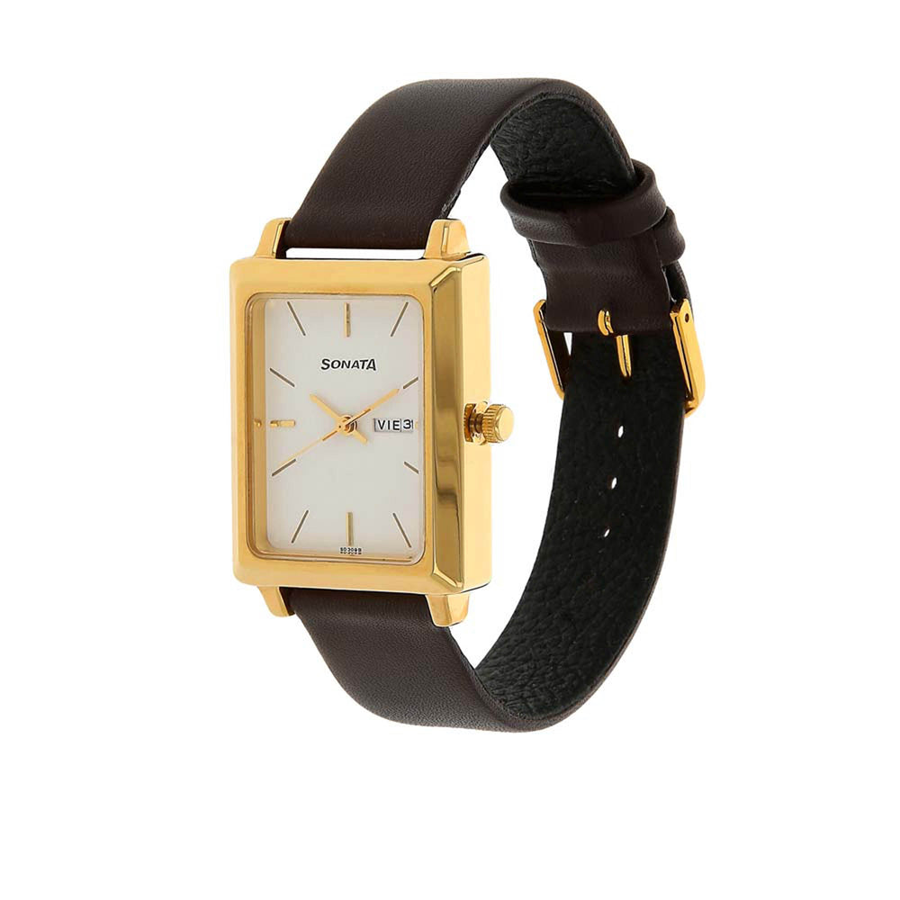 Sonata Quartz Analog with Day and Date White Dial Leather Strap Watch for Men