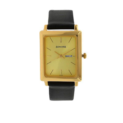 Sonata Quartz Analog with Day and Date Champagne Dial Leather Strap Watch for Men