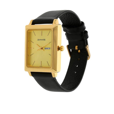 Sonata Quartz Analog with Day and Date Champagne Dial Leather Strap Watch for Men