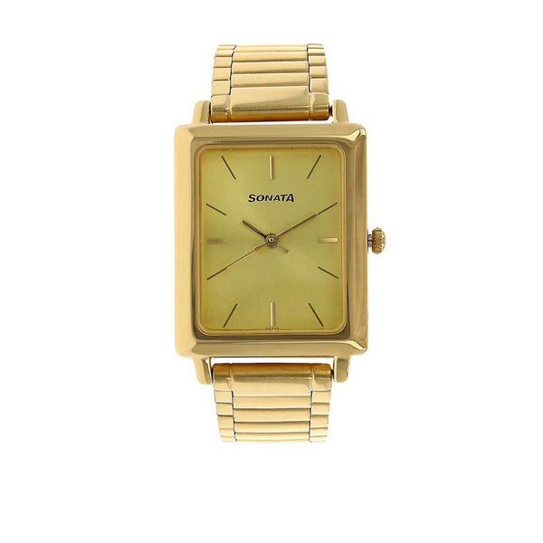 Sonata Quartz Analog Champagne Dial Stainless Steel Strap Watch for Men