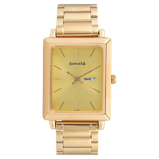 Sonata Quartz Analog with Day and Date Champagne Dial Stainless Steel Strap Watch for Men