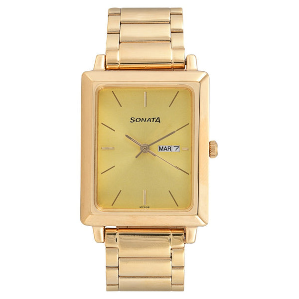 Sonata Quartz Analog with Day and Date Champagne Dial Stainless Steel Strap Watch for Men
