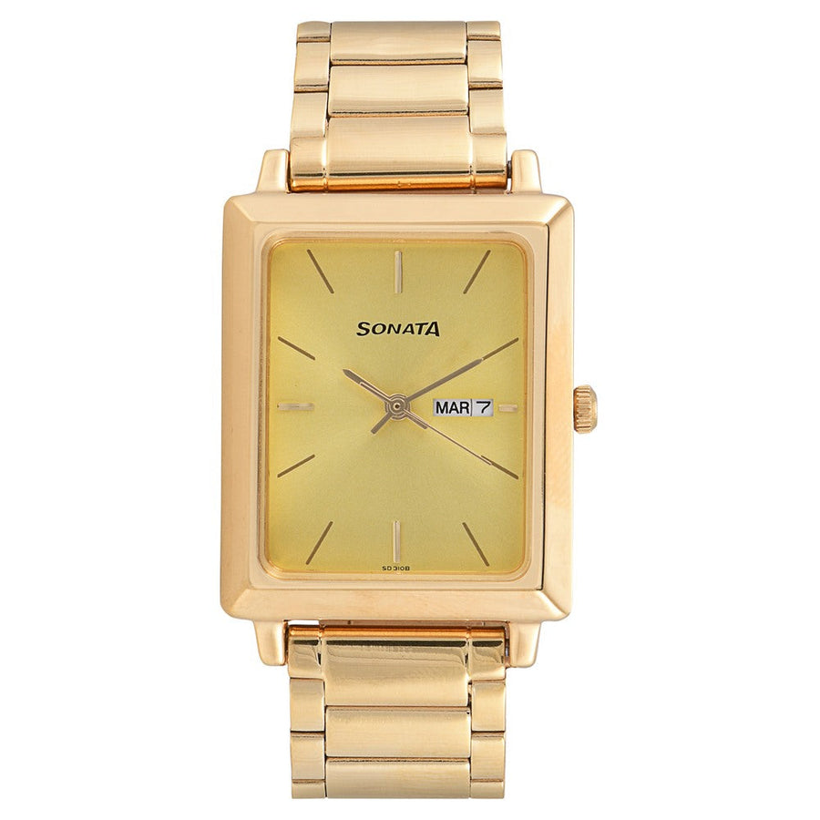Sonata Quartz Analog with Day and Date Champagne Dial Stainless Steel Strap Watch for Men