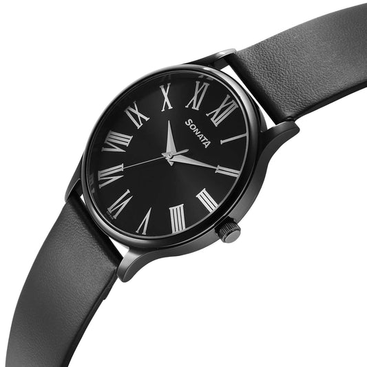 Sonata Aspire Quartz Analog Black Dial Leather Strap Watch for Men