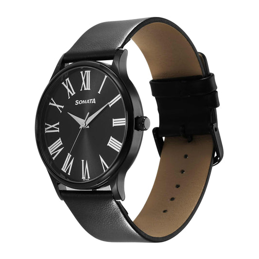 Sonata Aspire Quartz Analog Black Dial Leather Strap Watch for Men