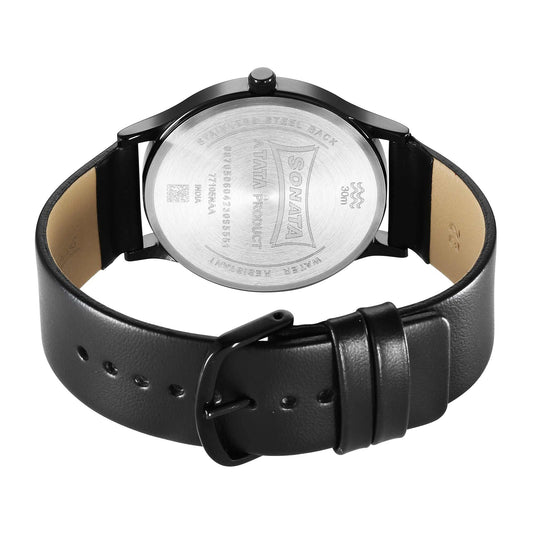 Sonata Aspire Quartz Analog Black Dial Leather Strap Watch for Men