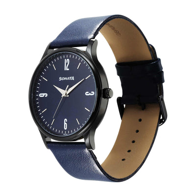 Sonata Aspire Quartz Analog Blue Dial Leather Strap Watch for Men