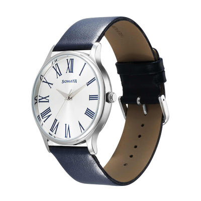 Sonata Aspire Quartz Analog Silver Dial Leather Strap Watch for Men