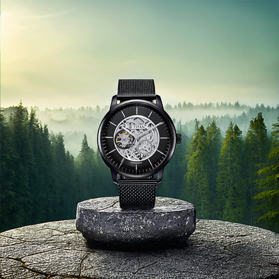 Titan Skeletal Automatic Black Dial Black Stainless Steel Strap Watch for Men