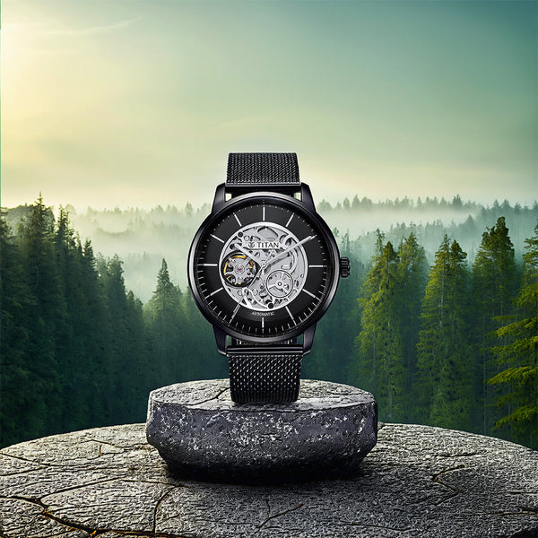 Titan Skeletal Automatic Black Dial Black Stainless Steel Strap Watch for Men