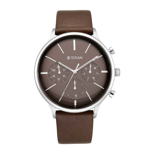 Titan Quartz Multifunction Brown Dial Leather Strap Watch for Men