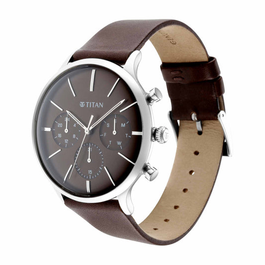 Titan Quartz Multifunction Brown Dial Leather Strap Watch for Men