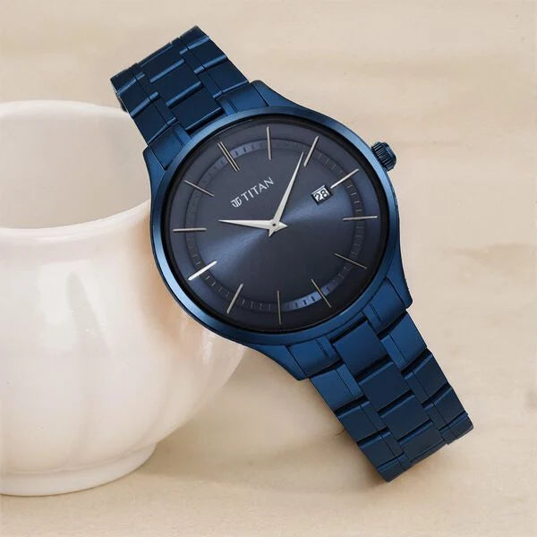 Titan Classique Slimline Blue Dial Quartz Analog with Date Stainless Steel Strap watch for Men