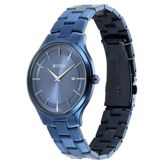 Titan Classique Slimline Blue Dial Quartz Analog with Date Stainless Steel Strap watch for Men