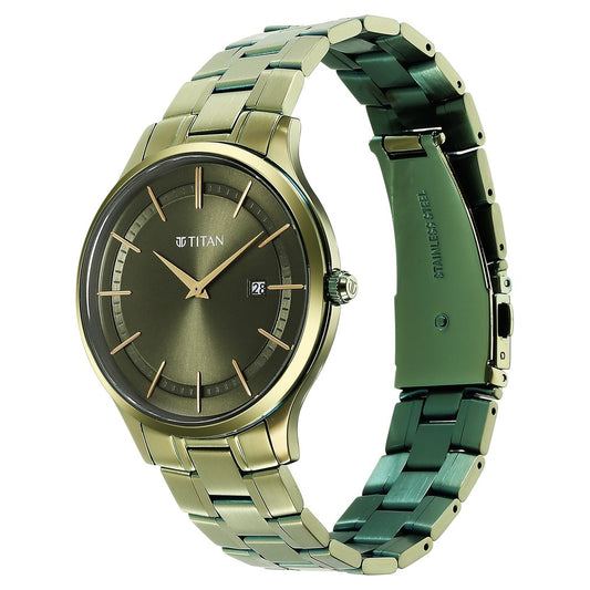 Titan Classique Slimline Green Dial Analog with Day and Date Stainless Steel Strap watch for Men