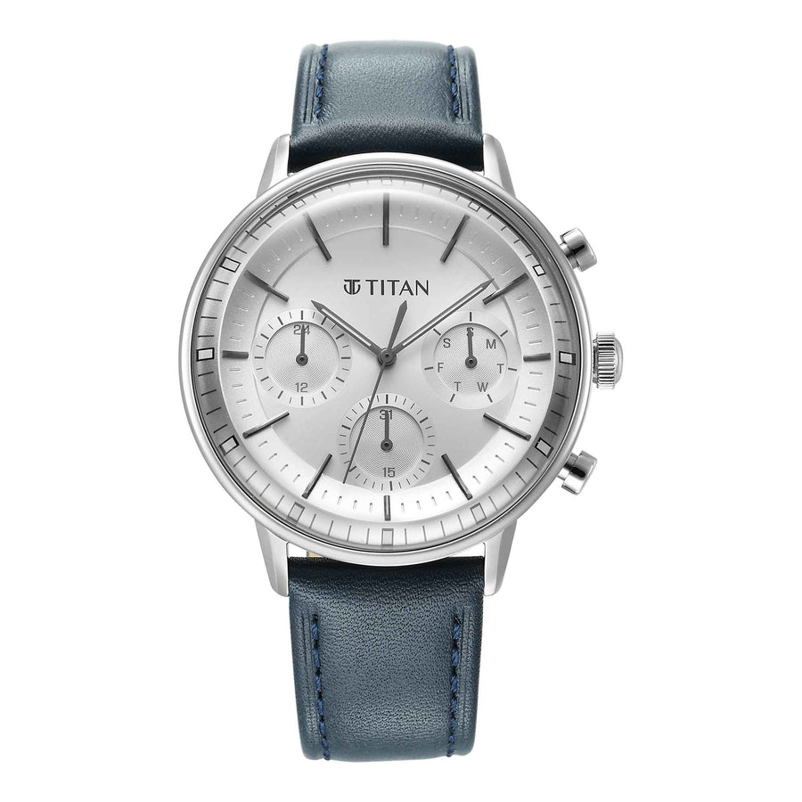 Titan Light Leathers Quartz Multifunction Black Dial Stainless Steel Strap Watch for Men