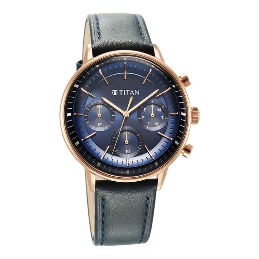 Titan Light Leathers Quartz Multifunction Blue Dial Stainless Steel Strap Watch for Men