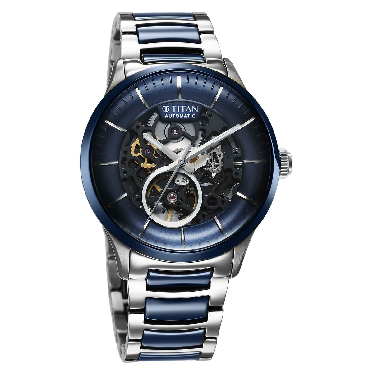 Titan Ceramic Fusion Automatic Blue Dial Silver Dual-Toned Stainless Steel Bracelet Watch for Men