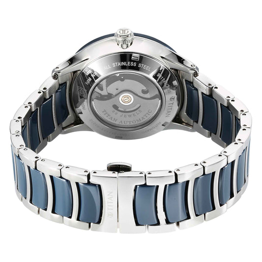 Titan Ceramic Fusion Automatic Blue Dial Silver Dual-Toned Stainless Steel Bracelet Watch for Men