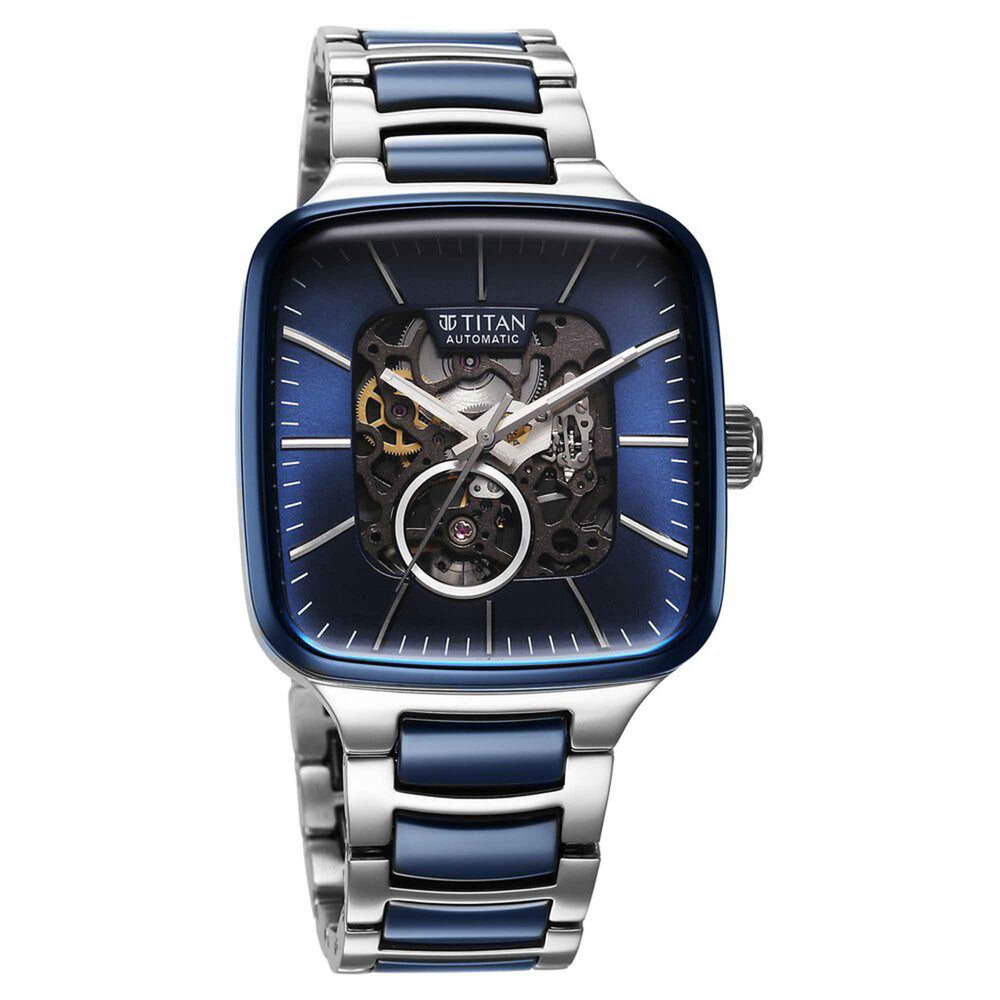 Titan Ceramic Fusion Automatic Square Blue Dial Rose Gold Dual-Toned Stainless Steel Bracelet Watch for Men