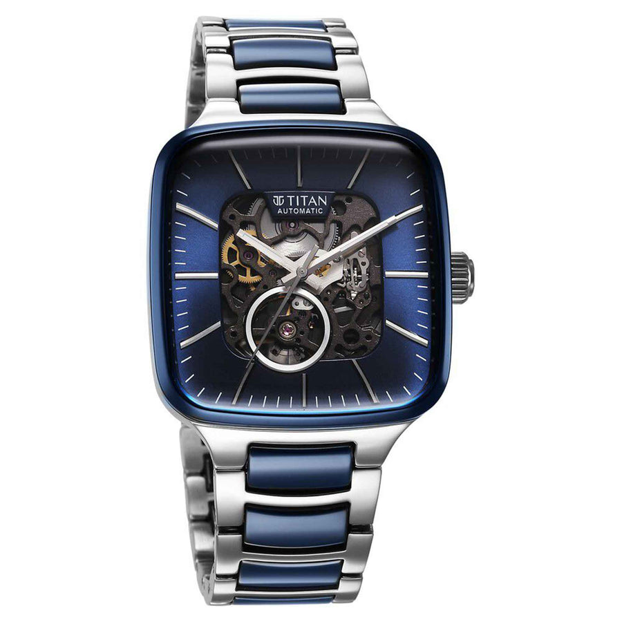 Titan Ceramic Fusion Automatic Square Blue Dial Rose Gold Dual-Toned Stainless Steel Bracelet Watch for Men