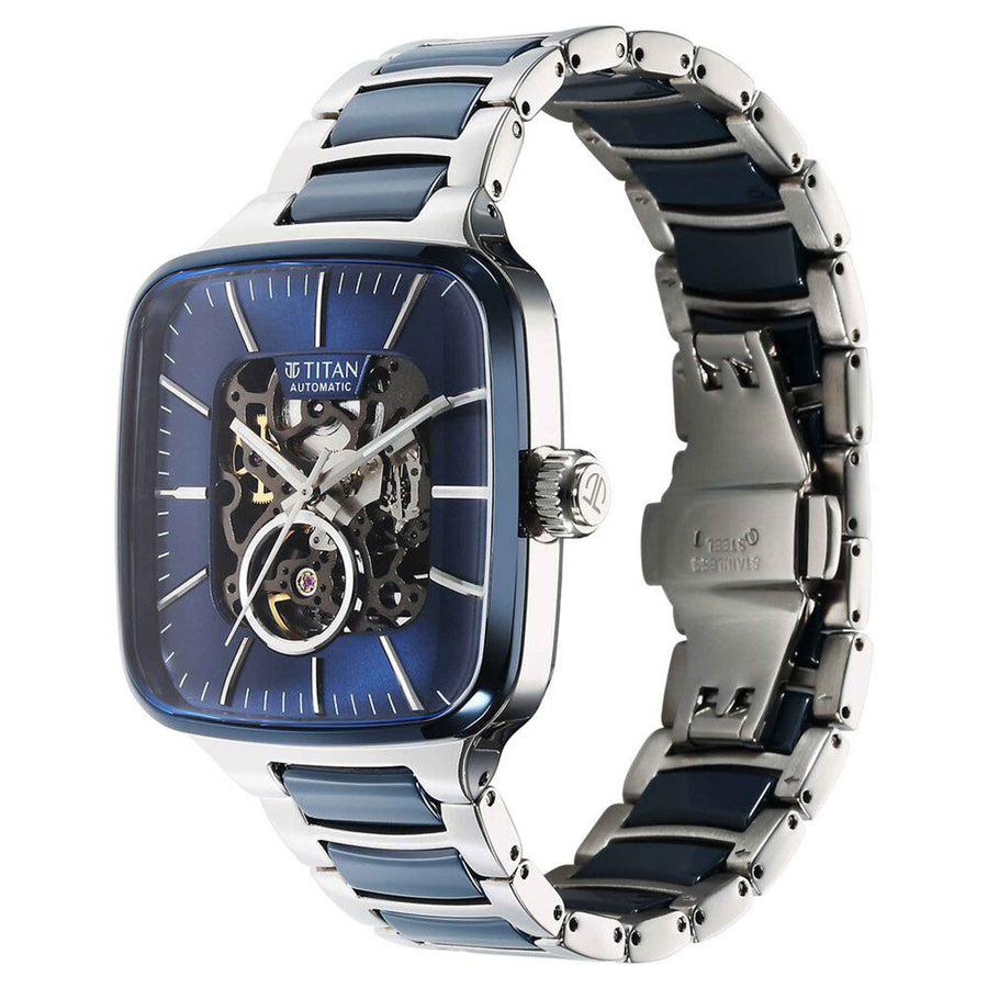 Titan Ceramic Fusion Automatic Square Blue Dial Rose Gold Dual-Toned Stainless Steel Bracelet Watch for Men