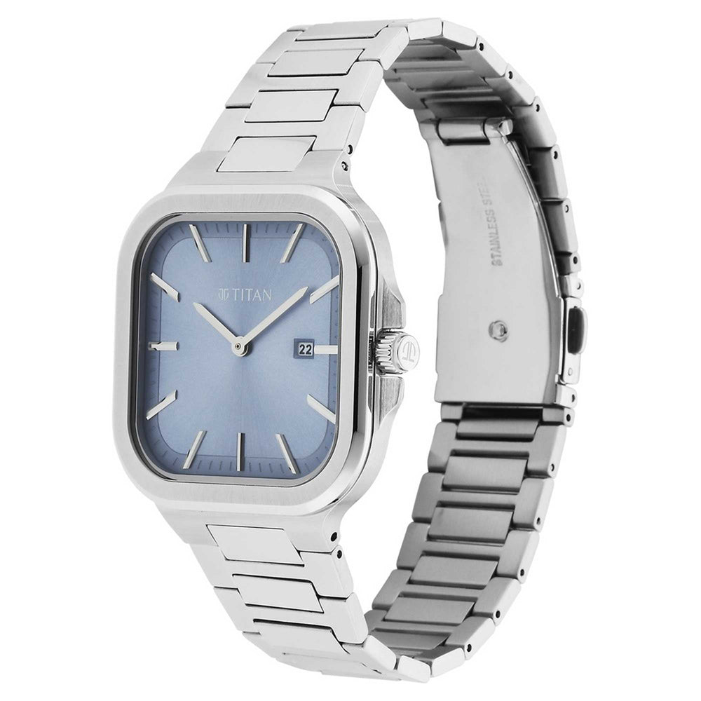 Titan Classique Slim Square Quartz Analog with Date Blue Dial Silver Stainless Steel Strap Watch For Men