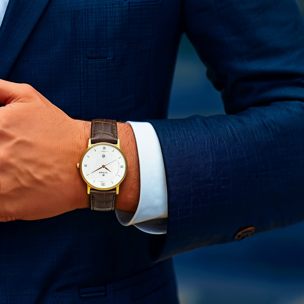 Titan Quartz Analog with Date White Dial Leather Strap Watch for