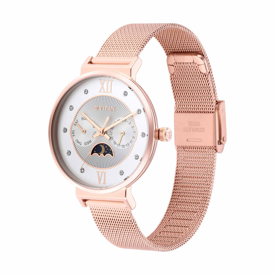 Titan Slimline Silver Dial Quartz Multifunction Stainless Steel Strap Watch for Women