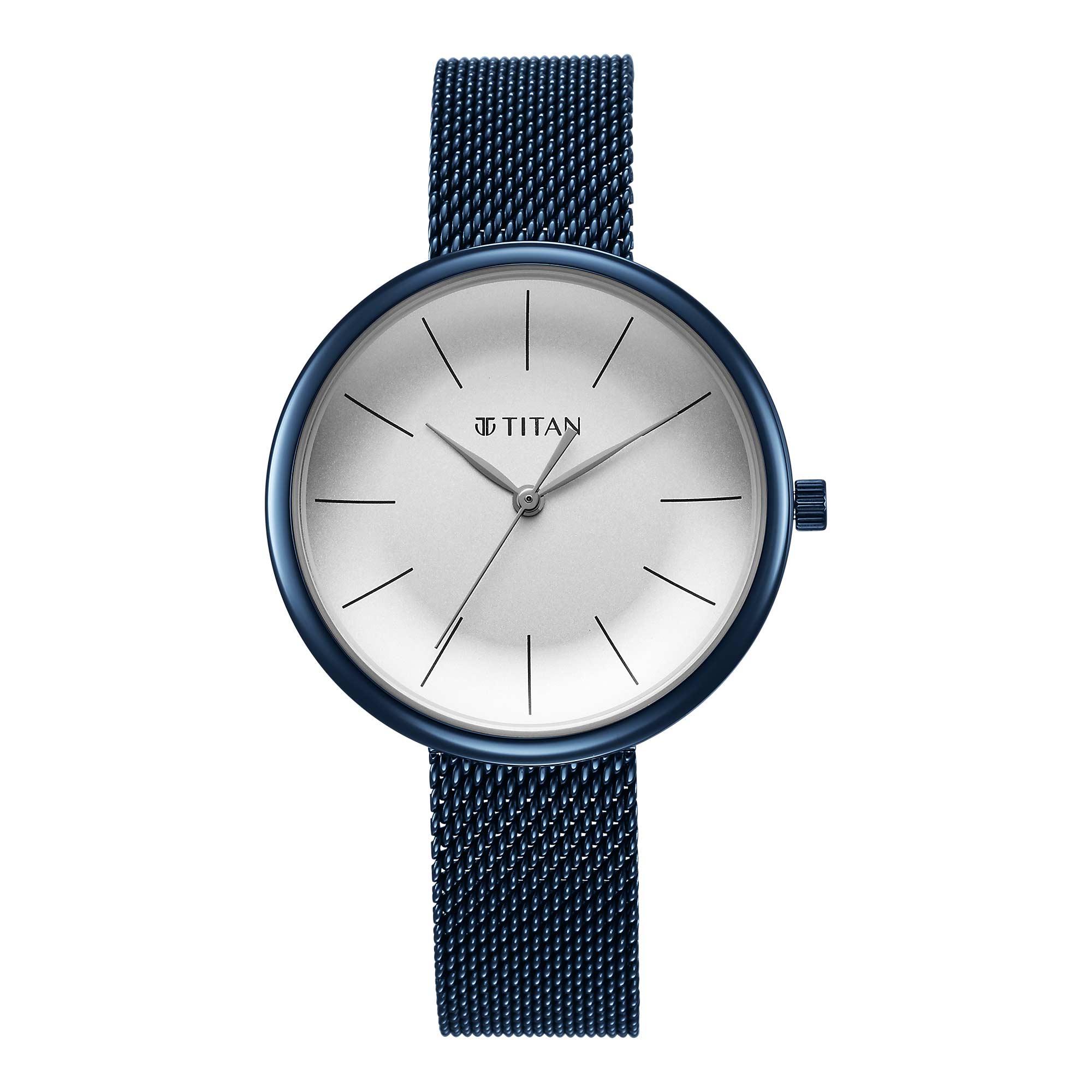 Titan Slimline Quartz Analog White Dial Blue Stainless Steel Strap Watch for Women